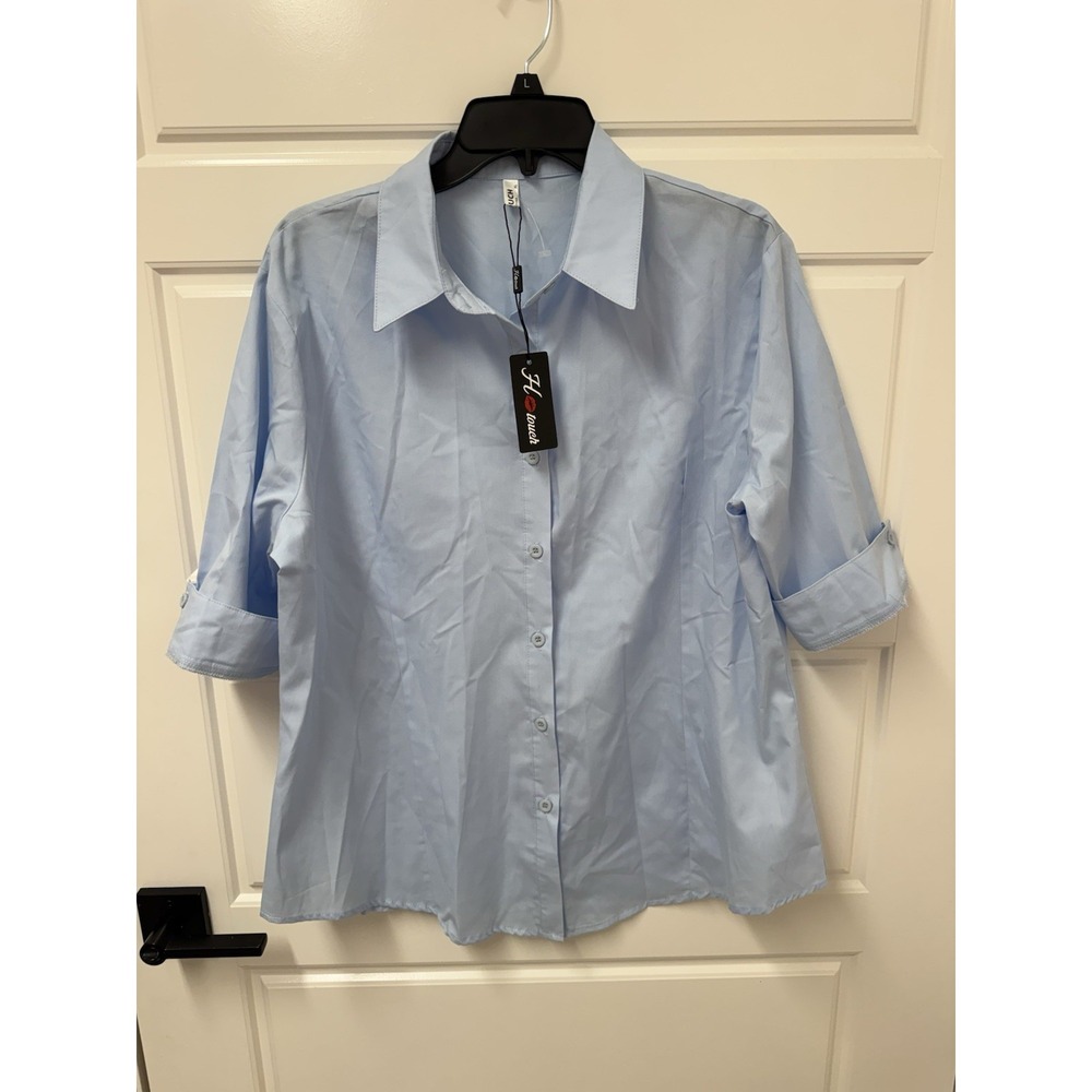 HOTOUCH Womens XL Light Blue Button Front Collared Short Sleeve Cotton Shirt Top